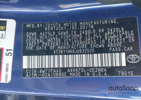 2018 Toyota Camry Le from USA, damaged, VIN 4T1B11HK6JU632525